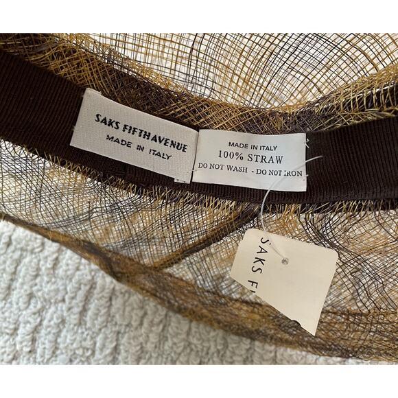 VTG Saks Fifth Ave Gold Brown Straw Hat NWT Wide Brim Italy Sun OS main image 4